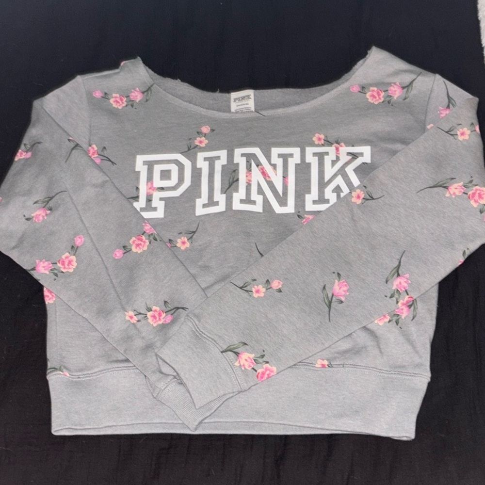 VS PINK women’s gray floral cropped off shoulder crewneck sweatshirt, size small